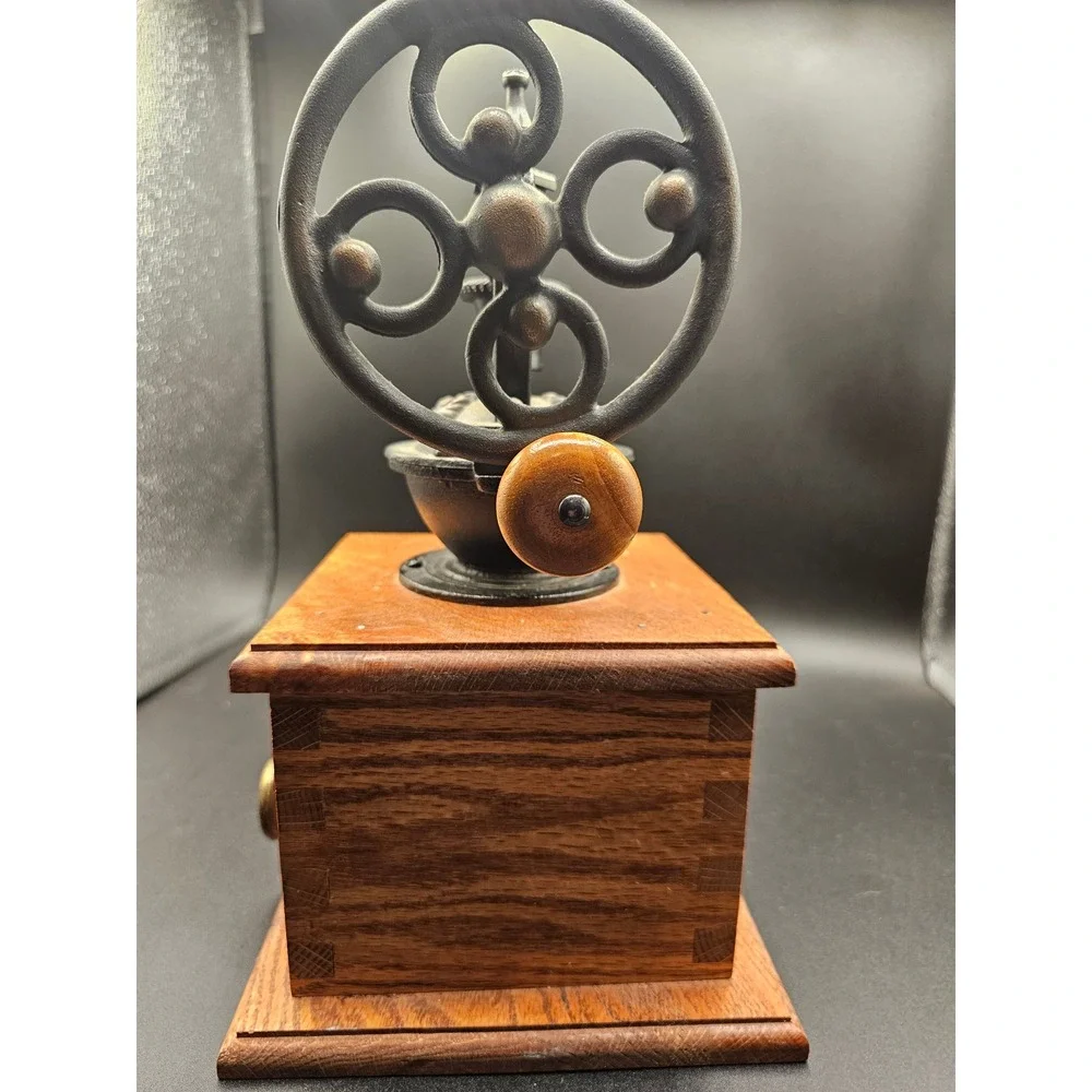Vintage Manual Coffee Grinder Cast Iron Wheel Oak Wood Base Farmhouse Decor XX